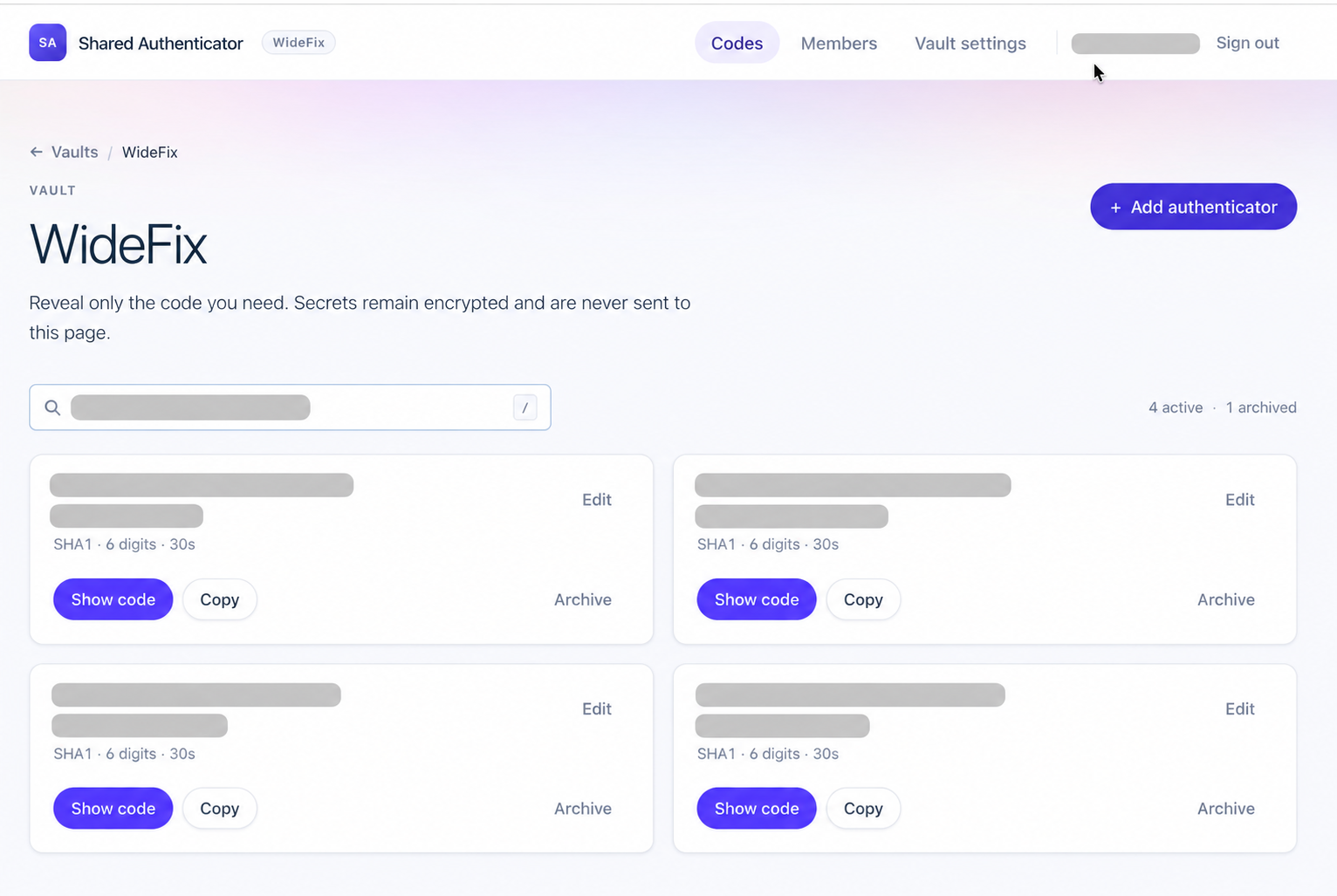 Shared Team Authenticator vault with four authenticators and Show code buttons; account details are redacted