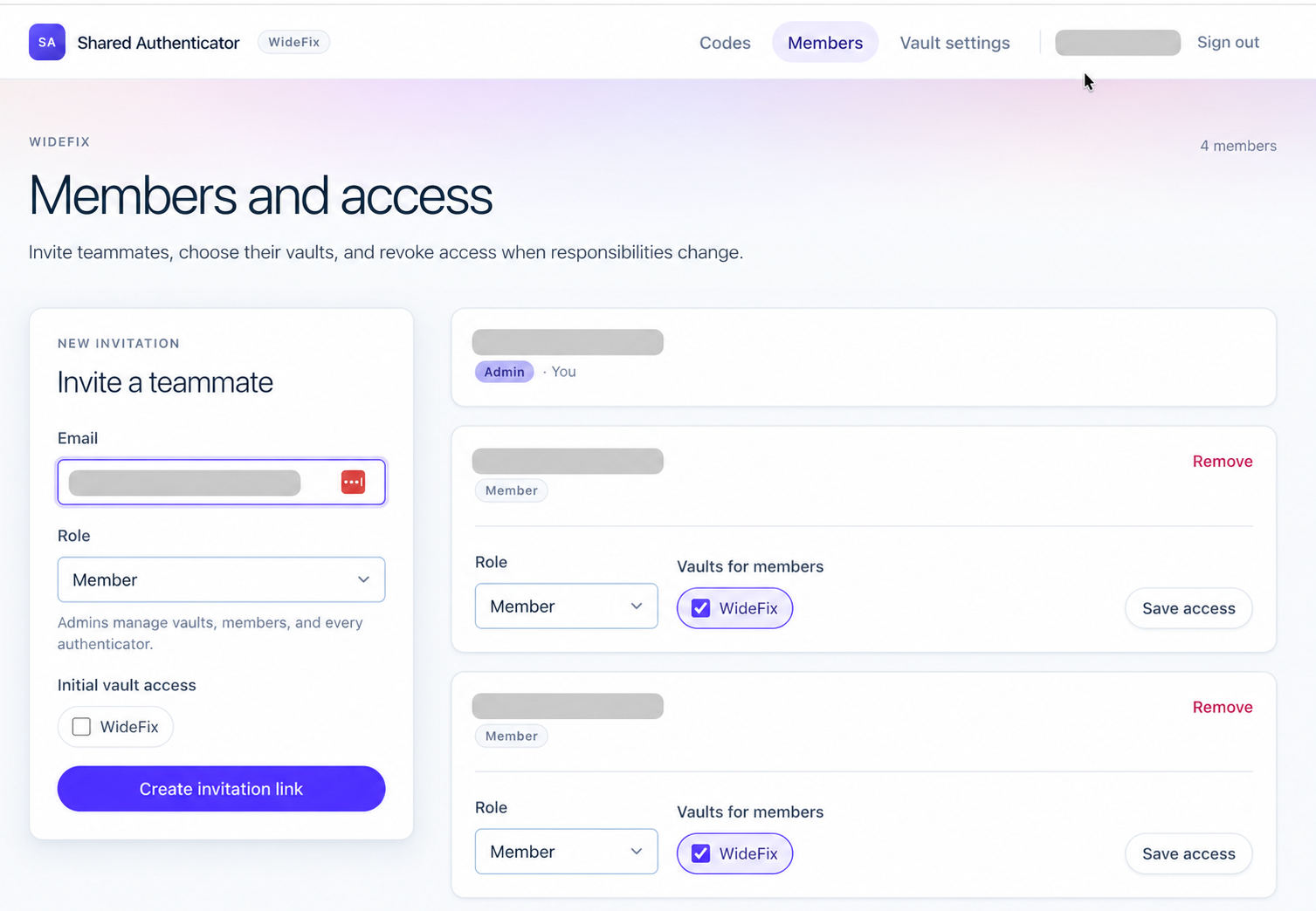 Members and access screen showing roles and WideFix vault permissions; member emails are redacted